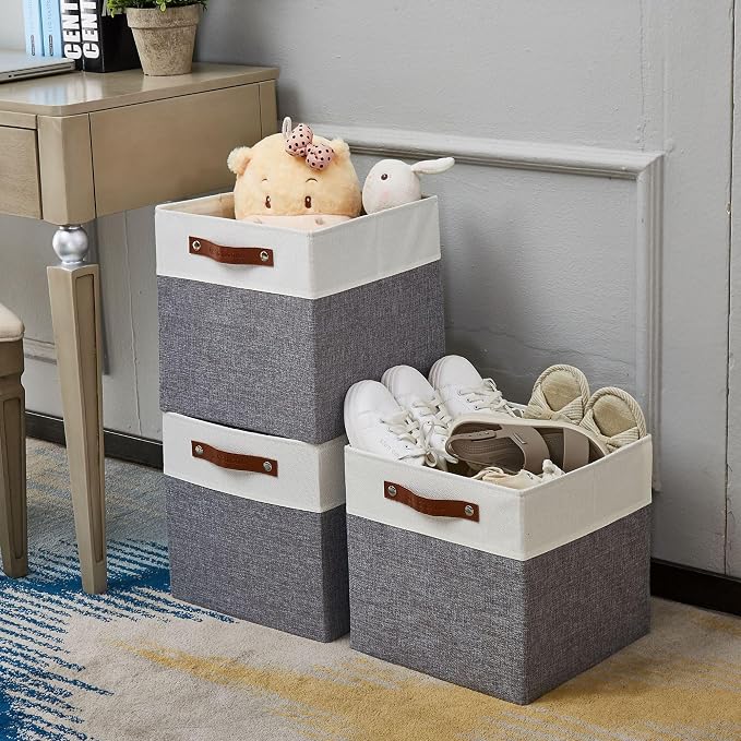 DECOMOMO Fabric Cube Storage Bins, Storage Baskets for Shelves 4 Pack | 12 inch Cube Storage Organizer for Kallax and Cubbies (Grey & White) - Image 4