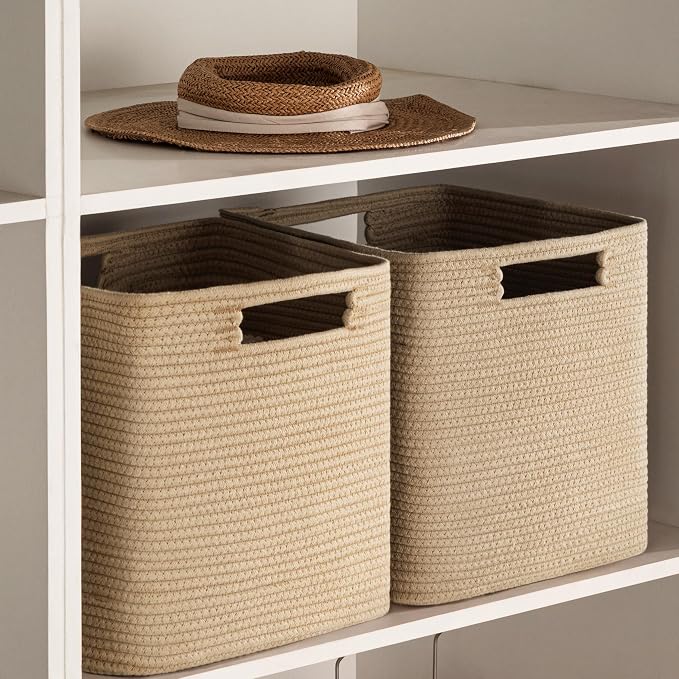 UBBCARE Set of 4 Storage Basket-13 X 13 X 13 In, Cotton Rope Basket for Shelves, Toys, Book, Cube Storage Bins with Handles, Woven Storage Basket for Organizing, Brown - Image 6