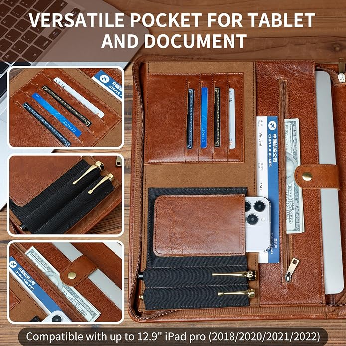 YIWEN Leather Portfolio with Handle, Zippered Front Pocket and Clip - Image 4