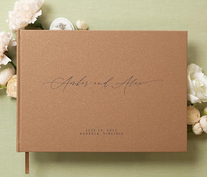 Personalized Guestbook in Bronze Shimmer - Premium Custom Modern Guest Book for Wedding Reception, Birthday Party or Events w/Bookmark Blank Pages for Signing 11.5 x 8.5 inches - Image 2