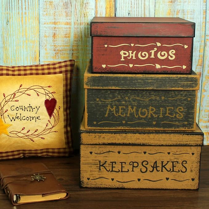 Primitive Vintage Square Photos, Memories, Keepsakes Cardboard Nesting Boxes, Large 11 X 11 X 5-1/2 Inch. Set of 3. - Image 4
