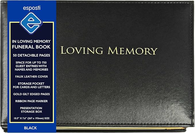 Funeral Guest Book in Loving Memory - 50 Loose Leaf Pages with Gold Gilt Edges & Storage Box - Hardcover Memorial Guest Book & Keepsake Pocket for Condolence Cards - for Funeral Services - Image 2