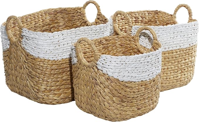 Deco 79 Seagrass Handmade Two Toned Storage Basket with Handles, Set of 3 19", 17", 15"W, Brown - Image 6