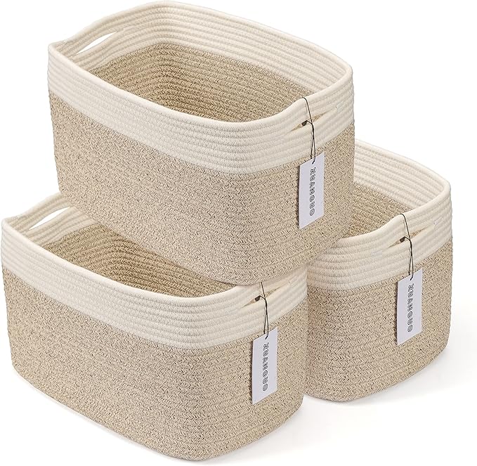 XUANGUO Woven Cotton Rope Storage Baskets 15x10x9.3" 3 Pack White and Brown | Decorative rectangular storage baskets for shelves and closets; storage bins organize clothes, toys, books and nursery items. by XUANGUO