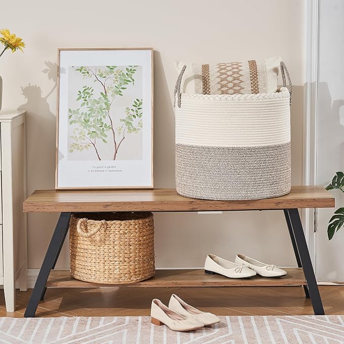 KAKAMAY Large Blanket Basket (18"x18"x16"),Woven Baby Laundry Hamper for Storage, Cotton Rope Blankets Baskets for Nursery, Laundry, Living Room, Pillows, Baby Toy chest with Handles (White/Beige) - Image 5