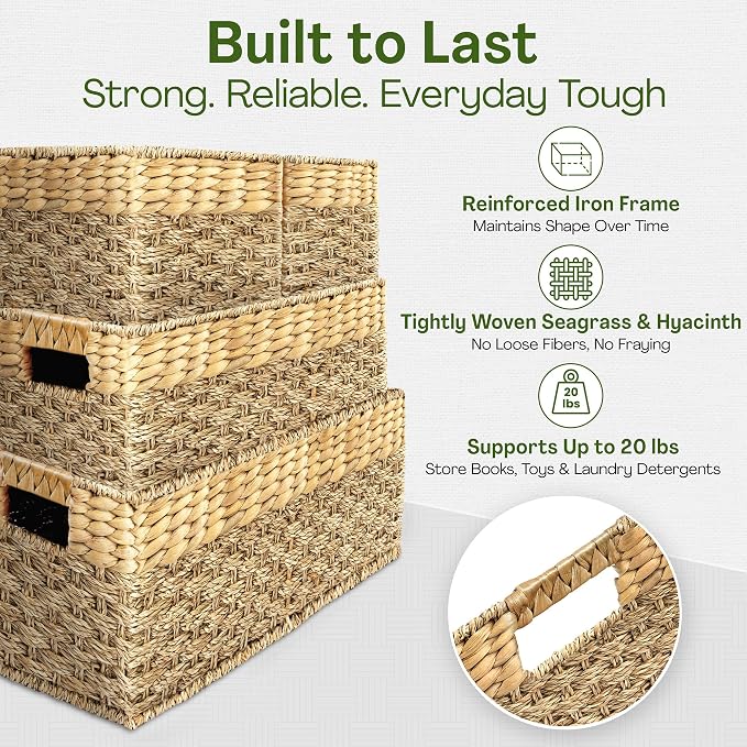 Wicker Storage Basket for Shelves, Set of 4 | Natural Seagrass and Hyacinth, Nesting, Woven Storage Baskets for Organizing Living Room, Shelves, Pantry, Rectangle, Rattan - Image 7