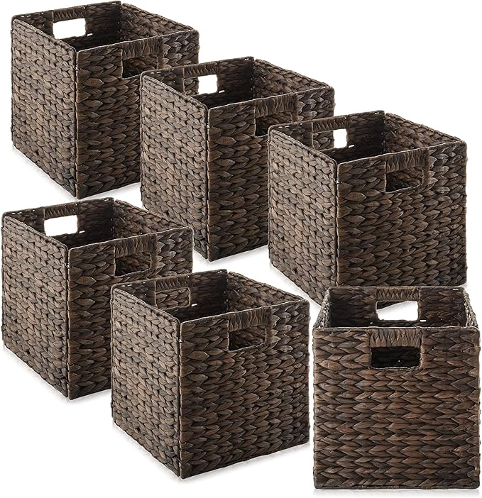 Casafield 10.5" x 10.5" Water Hyacinth Storage Baskets, Espresso - Set of 6 Collapsible Cube Organizers, Woven Bins for Bathroom, Bedroom, Laundry, Pantry, Shelves by Casafield