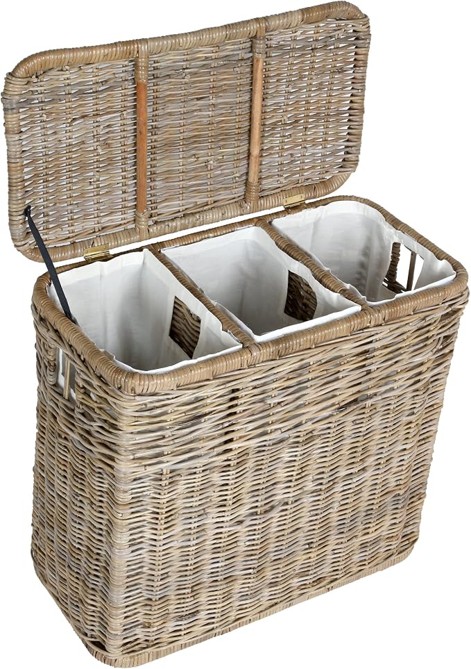 The Basket Lady 3-Compartment Wicker Laundry Hamper, Serene Grey | 30" L x 15" W x 28" H, 1.66 cu-ft per section - 3 Fabric Liners, Handcrafted, Fully-assembled, Hinged Lid, Natural rattan - Image 3