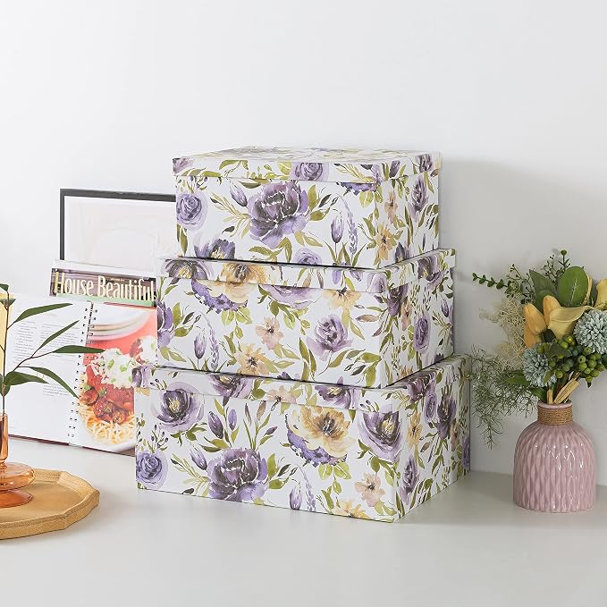 Soul & Lane - Purple Passion Decorative Storage Boxes with Lids, Set of 3 | Large Nesting Cardboard Keepsake Boxes for Memories and Gifts, Purple Lavender Floral Containers, Stackable Hat Box Style - Image 8