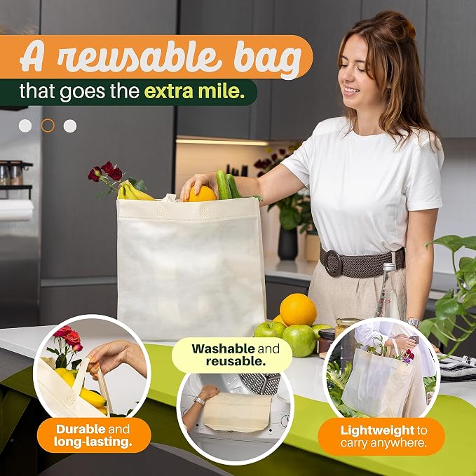 Simply Cool 200 Pack Reusable Grocery Bags, Large Tote Bags Bulk, Cream | 14.5"x14"x6.6" Heavy Duty Non-woven Custom Shopping Bags with Handles, Foldable, Washable for Groceries and Commercial use - Image 4