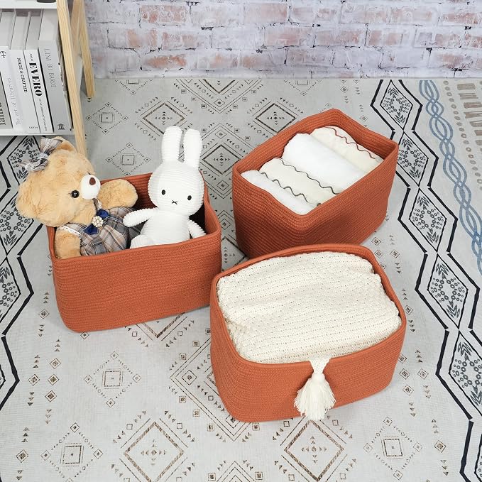 XUANGUO Woven Cotton Rope Storage Baskets 15x10x9.3" 3 Pack Rust | Decorative rectangular baskets for shelves and closets; storage bins help organize clothes, toys, books and nursery items. - Image 4