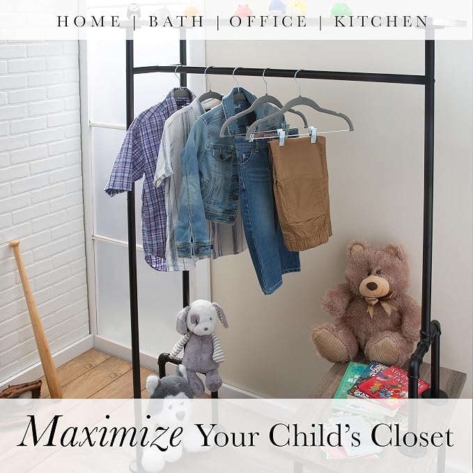 Simplify 60 Pack Children's Velvet Hangers | Durable | Lightweight | Non-Slip | Nursery | Shirt | Pants | Tank Top | Grey | Clips | Closet Organization - Image 5