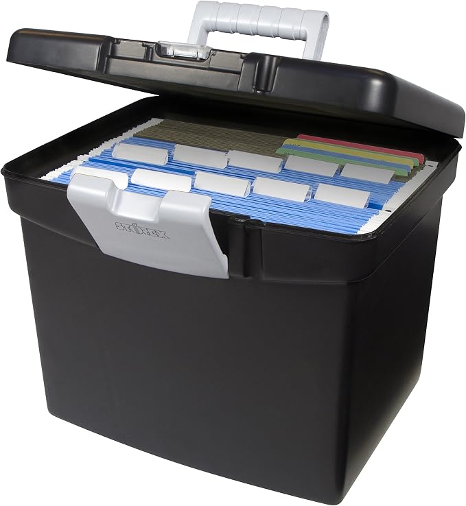 Storex Portable File Box with Organizer Lid – Plastic Office File Storage Box for Letter Paper and Hanging Folders, Obsidian, 1-Count (61504C01C) - Image 8