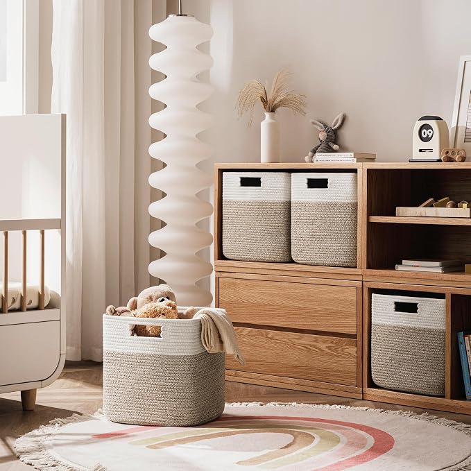 UBBCARE Set of 4 Storage Basket-12 X 12 X 12 in, Cotton Rope Basket for Shelves, Toys, Book, Cube Storage Bins with Handles, Woven Storage Basket for Organizing, White Brown - Image 5