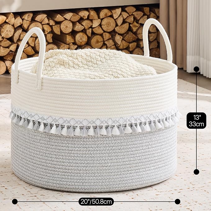 KAKAMAY Large Blanket Basket with Handles, Storage Basket for Living Room | Extra Large Capacity | Natural Cotton Rope | Blanket Storage | Woven Storage Basket | Stuffed Animal Storage | Laundry Basket - Image 3