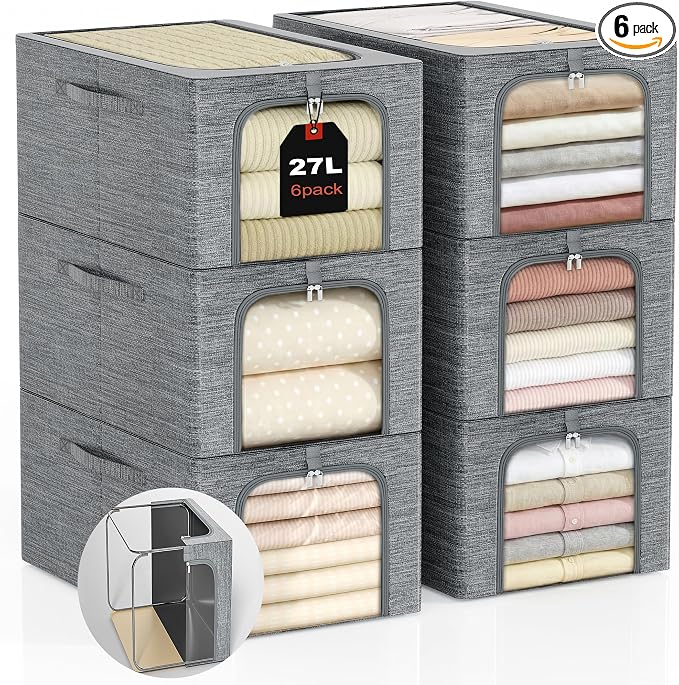 GoMaihe Baby Clothes Storage Bins with Metal Frame 27L 6-Pack Grey | Kids Toddler Child Clothing & Towels Small Items, Closet Top Shelf Boxes, Collapse-Proof Stackable, Clear Window Dual Access by GoMaihe