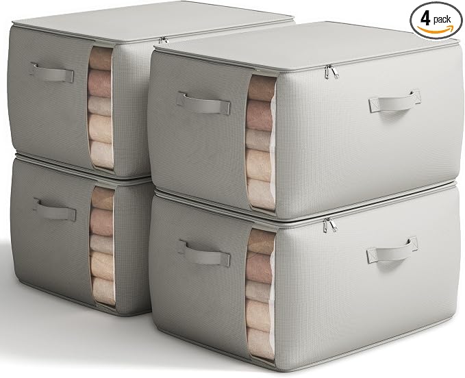 4 Pack Canvas Comforter Storage Bags for Clothes & King Comforters, Grey | 70L Capacity, Dual Zippers, Three Reinforced Handles, Foldable Canvas Design for Comforters, Blankets and Seasonal Clothing by Vailando
