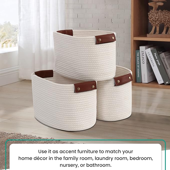 3 Pack Woven Cotton Rope Storage Basket, 15x10x9, Cream | Faux Leather Handles; Decorative Closet Shelf Organizer; Ideal for Storage & Organization - Image 5