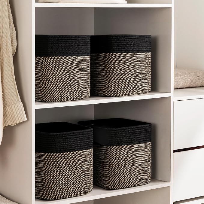 joybest 13inch Cube Storage Bins, Cotton Rope Woven Organizer Basket | Set of 4 Cube Bin Square Shelves Organizer Closet Storage, Nursery, Toy Organization, Black&Dark Brown - Image 4
