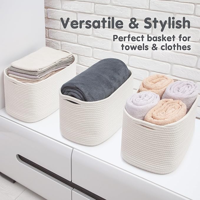 CHAT BLANC Cotton Rope Baskets for Organizing, Shelves, Toys, Storage, Shoe, Bathroom, Laundry, Towel, Nursery, Home Decor, Blanket, Cloth Woven Bins Fabric (Creamy White, 15"x10"x9") - Image 4