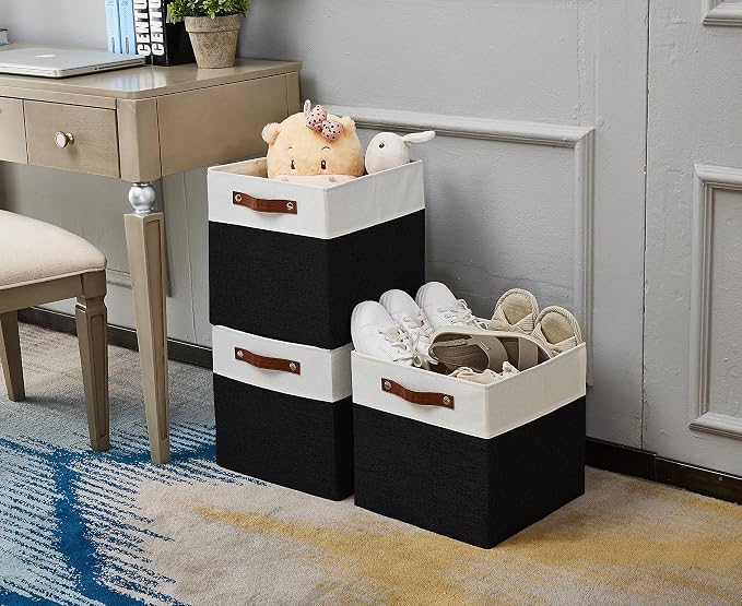 DECOMOMO Fabric Cube Storage Bins, Storage Baskets for Shelves 4 Pack | 12 inch Cube Storage Organizer for Kallax and Cubbies (Black & White) - Image 4