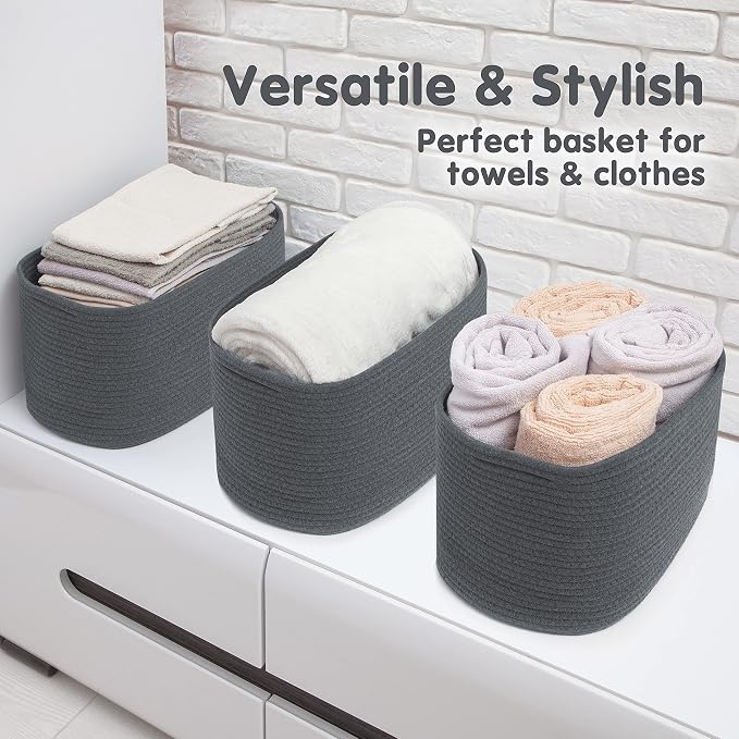 CHAT BLANC Cotton Rope Baskets for Organizing, Shelves, Toys, Storage, Shoe, Bathroom, Laundry, Towel, Nursery, Home Decor, Blanket, Cloth Woven Bins Fabric (Graphite, 15"x10"x9") - Image 6