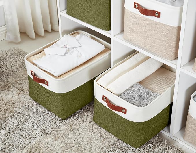DECOMOMO Storage Bins, Large Fabric Storage Baskets for Shelves 3 Pack | 15 x 11 x 9.5 inches Decorative Linen Closet Organizers (Olive Green & White) - Image 6
