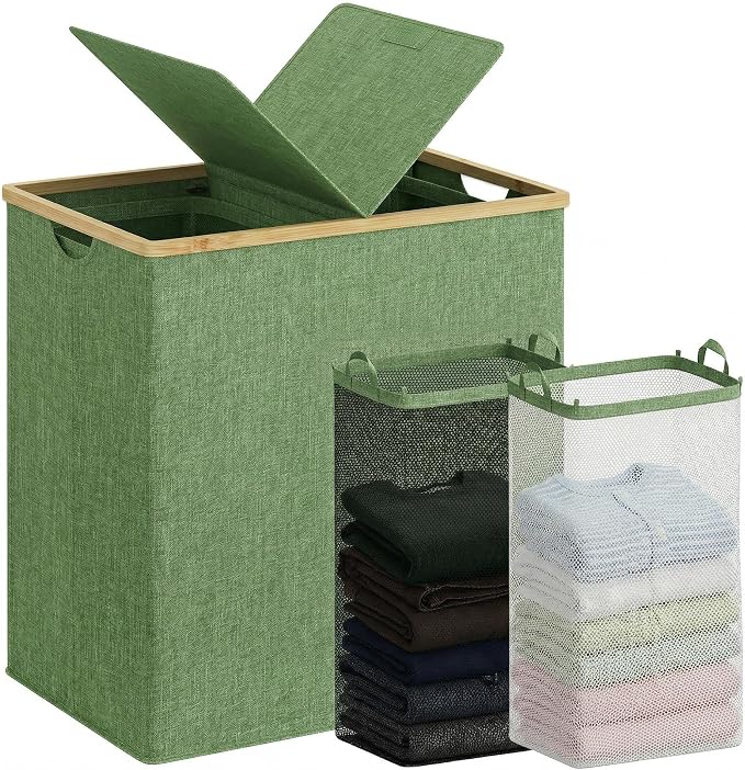 efluky Laundry Hamper with Lid, Double Laundry Basket with 2 Removable Bags, 2 Section Laundry Bin with Bamboo Handles for Bathroom, Bedroom & Laundry Room, 140L (36.9 Gallon) Sage Green by efluky
