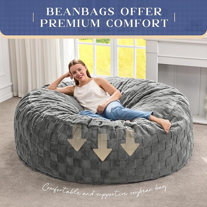 Hobestluk Giant Bean Bag Chairs 6FT Oversized BeanBag Chair for Adult Jumbo | Memory Foam,Washable Cover,Unique Fluffy Plaid,Comfy Bean Bag Bed with Filler Gaming Reading Bedroom Living Room | Grey 6FT - Image 6
