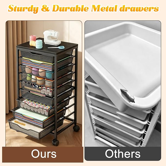 10-Drawer Rolling Storage Cart, Craft Organizers and Storage, Black | 12x12 Inch Storage Drawers for Scrapbook Paper,Classroom,Craft,Bathroom,Teacher,Office,Art,Metal Organizer Cart with wheels - Image 8