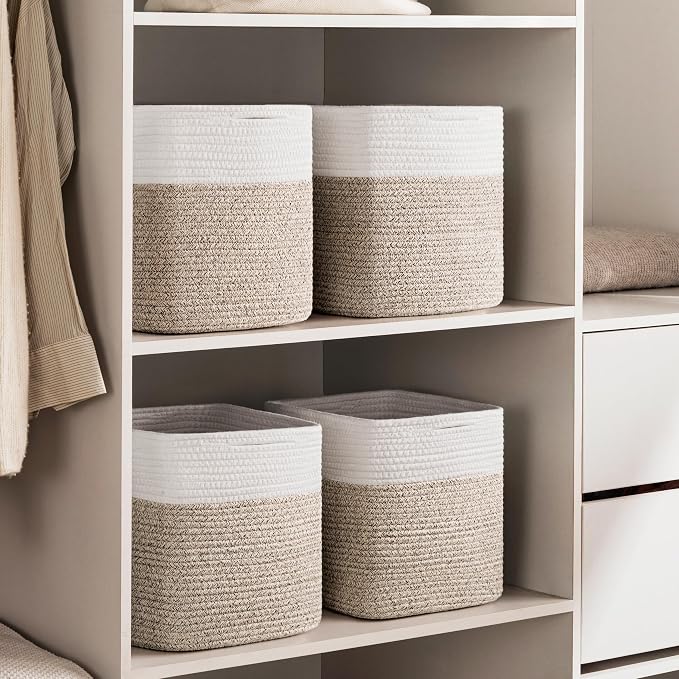 joybest 11inch Cube Storage Bins, Cotton Rope Woven Organizer Basket | Set of 4 Cube Bin Square Shelves Organizer Closet Storage, Nursery, Toy Organization, Brown&White - Image 5