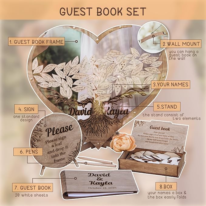 Tree Leaves Guest Book - Rustic Wooden Wedding Guest Book Alternative – Personalized Heart Drop Box with Tree Design for Reception, Baby Shower & Engagement Party Decor - Tree Guest Book for Wedding - Image 3