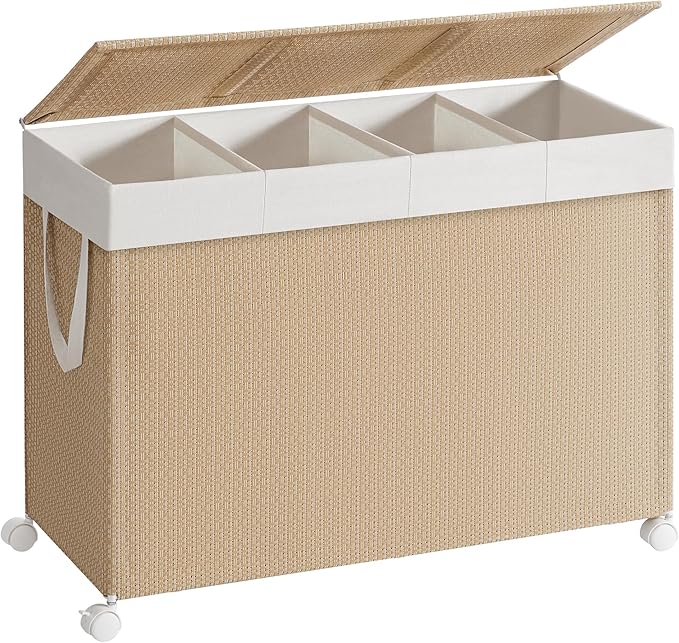SONGMICS HOME Laundry Hamper with 4 Section, 180 L, Rattan, with Wheels | Rolling Clothes Basket with Lid, Removable Liner with Handles, Tan and White, PEZZO Collection ULCB603N01 by SONGMICSHOME