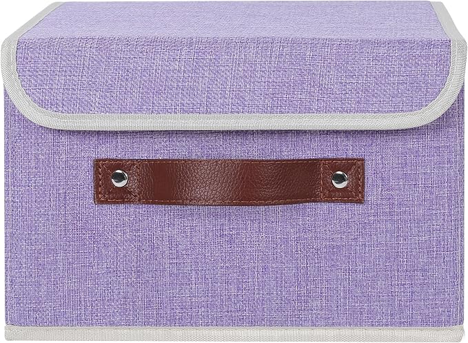 ANMINY Fabric Storage Box Bins with Lids, Purple, 10"x8"x7" | Keepsake Memory Storage, Cotton Linen, PP Board Reinforced, Washable, PU Handles, Foldable & Stackable, Decorative, Small - Image 2
