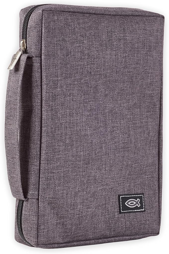 Christian Art Gifts Men & Women’s Bible Cover – Gray Canvas, Large Size with Jesus Fish Symbol – Durable, Inspirational Scripture Case with Zipper Closure, Handle, Pen Loop & Storage Pockets by ChristianArtGifts