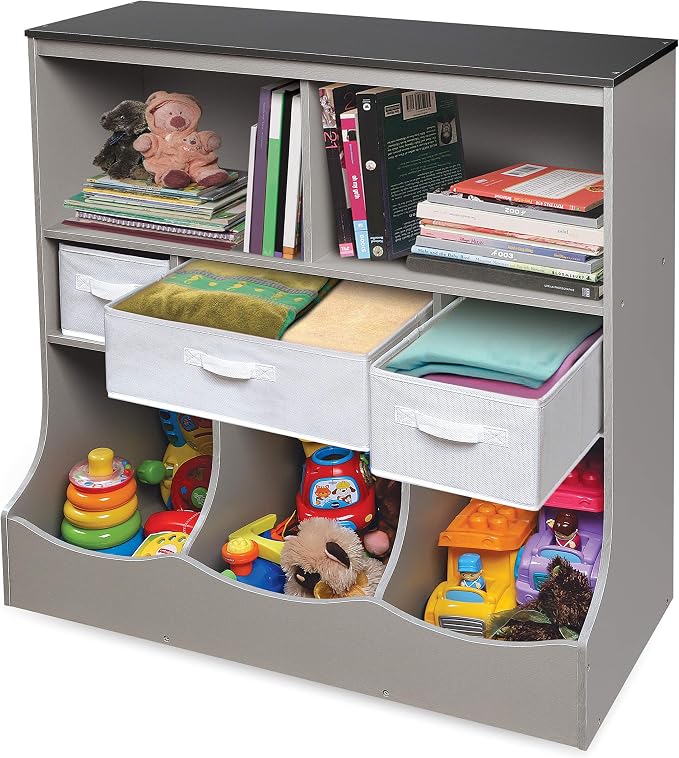 Badger Basket Combo Bin Toy Storage Unit and Book Shelf for Kids with 3 Baskets - Woodgrain/Gray | Kids storage organizer with 3 removable baskets, open shelves & display top for toys, books, clothes & more. - Image 6