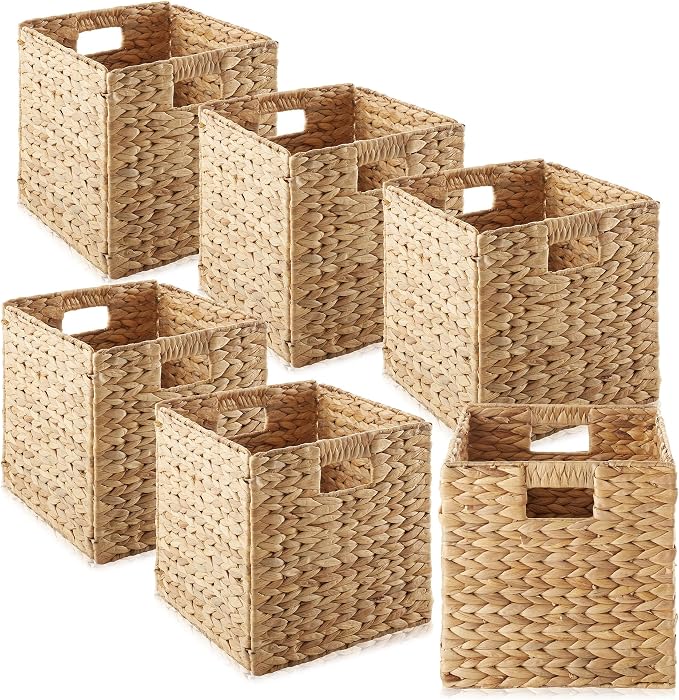 Casafield 10.5" x 10.5" Water Hyacinth Storage Baskets, Natural - Set of 6 Collapsible Cube Organizers, Woven Bins for Bathroom, Bedroom, Laundry, Pantry, Shelves by Casafield