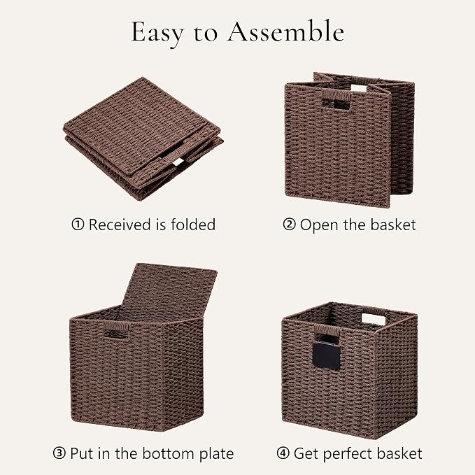 UBBCARE 4 Pack Small Wicker Basket, 9×9 Storage Cubes with Label, Foldable Cube Storage Bin with Handle, Square Storage Basket for Shelves, Woven Paper Rope Basket for Organizing, Dark Brown - Image 7