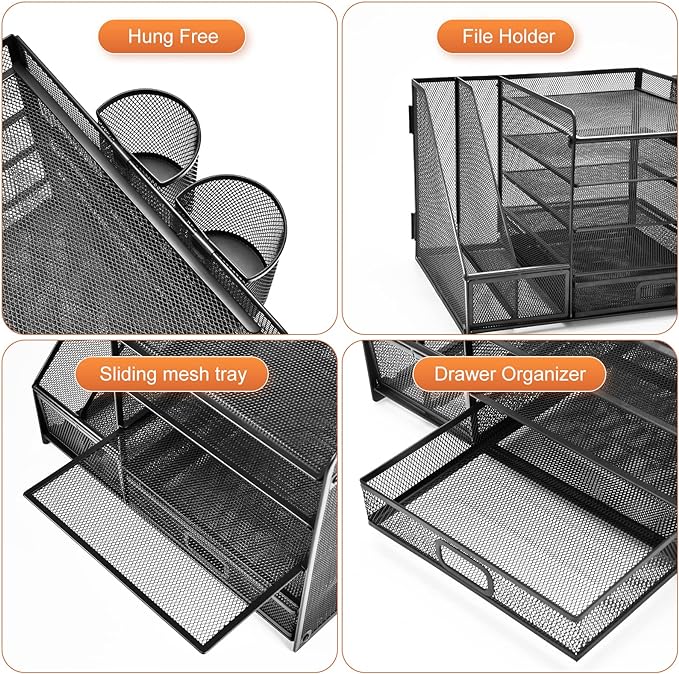 Marbrasse Desk Organizer with File Holder, 5-Tier Paper Letter Tray Organizer with Drawer and 2 Pen Holder, Mesh Desktop Organizer and Storage with Magazine Holder for Office Supplies(Black) - Image 4