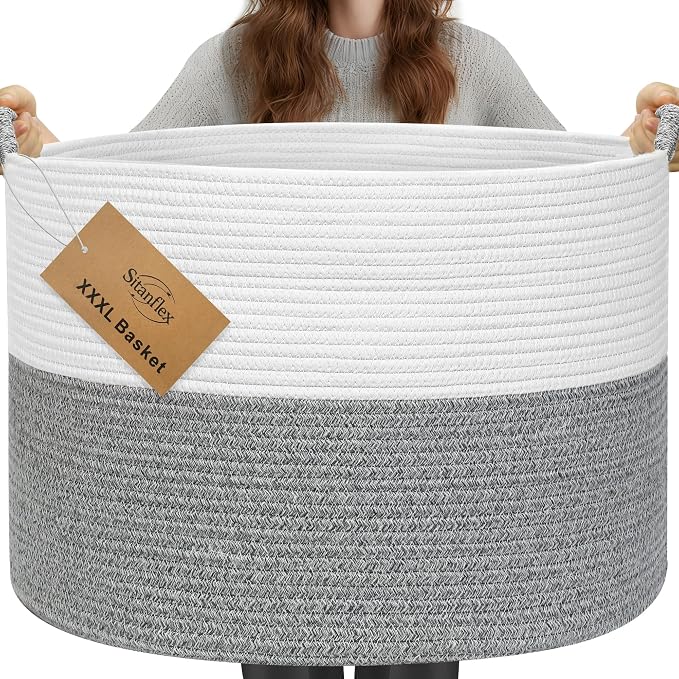 XXXL Large Blanket Basket for Living Room, 21.7" x 13.8" Woven Cotton Rope Laundry Hamper for Pillows, Towels & Toy Storage - Decorative Round Storage Basket with Handles for Nursery, Baby & Dog Toys by Sitanflex