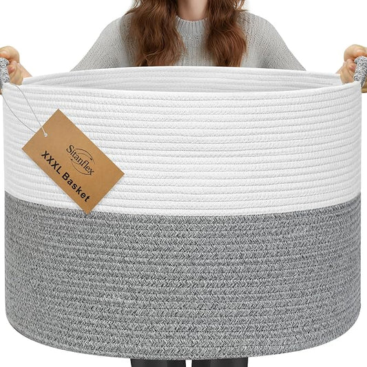 XXXL Large Blanket Basket for Living Room, 21.7" x 13.8" Woven Cotton Rope Laundry Hamper for Pillows, Towels & Toy Storage - Decorative Round Storage Basket with Handles for Nursery, Baby & Dog Toys by Sitanflex