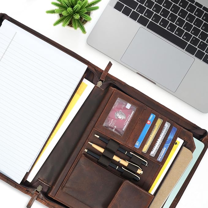 Leather Portfolio for Men, Portfolio Organizer with Zipper for Men Women, Leather Padfolios Business Resume Legal Pad Notebook Binder for A4/Pad (Brown) - Image 7