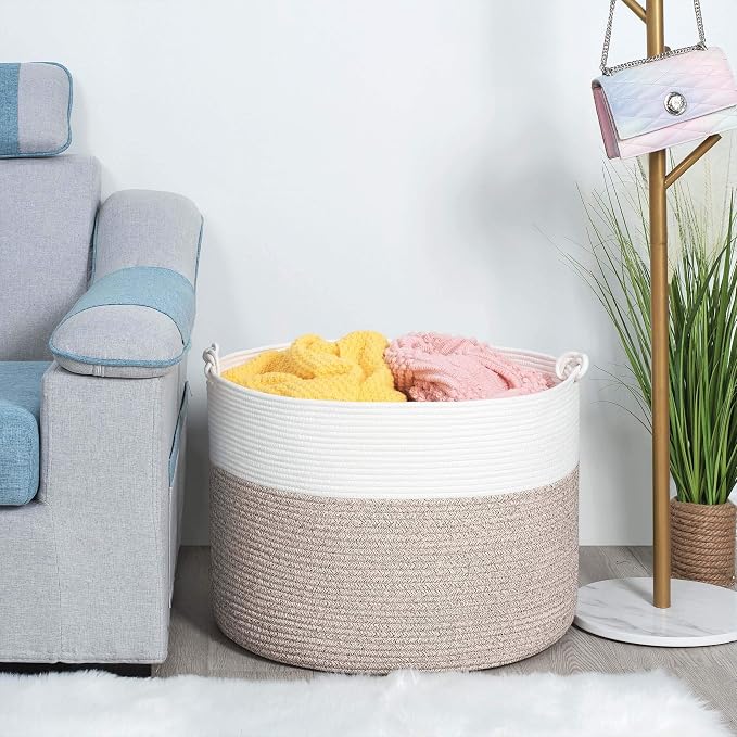 Extra Large 22 x 16in Decorative Woven Cotton Rope Blanket Storage Basket Bin Living Room with Handles and Laundry Hamper for Pillows, Pool Towels, Dog Toys, Shoes, Light Brown - Image 4