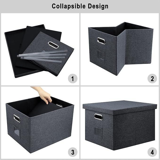 Storage Bins With Lids Office Organization File Folder Organizer Boxes | Dark Gray, 2 Pack, 15.1" * 12.2" * 10.04", Built-In Handle, Collapsible, Stackable, Dustproof, Linen Fabric, Cardboards - Image 5