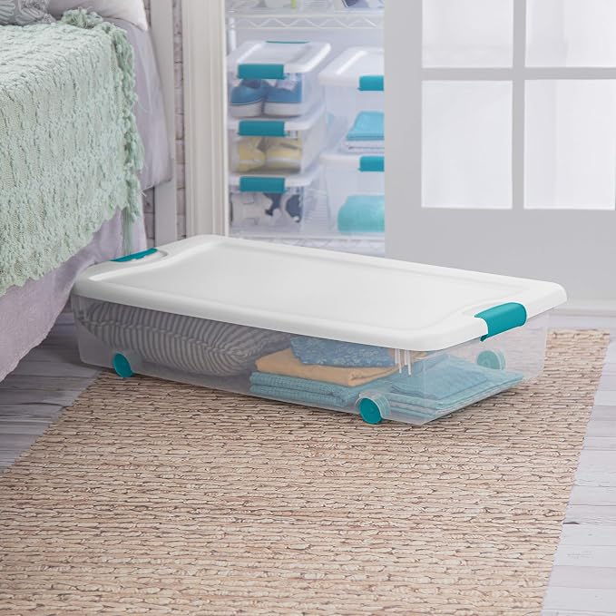 Sterilite 4-Pack 56 Quart Wheeled Latching Box, Underbed Clear Plastic Storage Organizer - Under Bed Rolling Container Bin with Lid and Wheels for Home or Dorm Bedrooms and Closets - Image 3