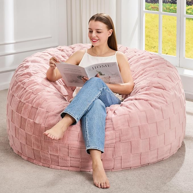 Hobestluk Adults Bean Bag Chair 4FT Big BeanBag Chair Extra Large Oversized | Memory Foam,Washable Cover,Unique Fluffy Plaid,Comfy Big Bean Bag with Filler Lounging Reading Bedroom Living Room | Pink 4FT by YourHomeDeservesMore