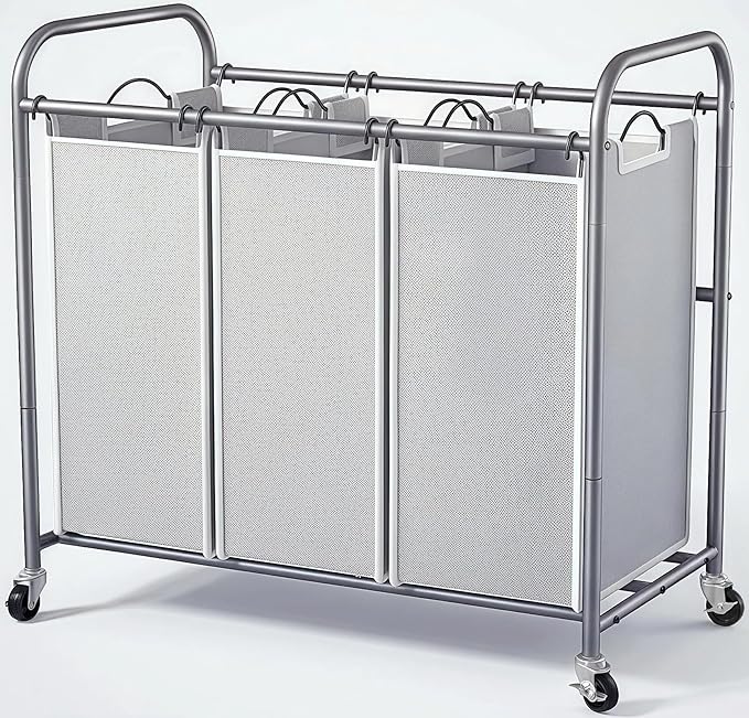 ROMOON Laundry Sorter Hamper 3 Section, Divided Laundry Basket Organizer | Rolling Clothes Hamper with Heavy Duty Lockable Wheels and Removable Bags for Apartment, Dorm & Family, 135L, Neutral Gray by ROMOON