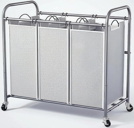 ROMOON Laundry Sorter Hamper 3 Section, Divided Laundry Basket Organizer | Rolling Clothes Hamper with Heavy Duty Lockable Wheels and Removable Bags for Apartment, Dorm & Family, 135L, Neutral Gray by ROMOON