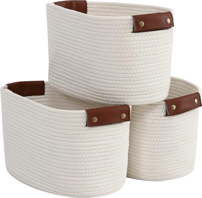 3 Pack Woven Cotton Rope Storage Basket, 15x10x9, Cream | Faux Leather Handles; Decorative Closet Shelf Organizer; Ideal for Storage & Organization by Organizix
