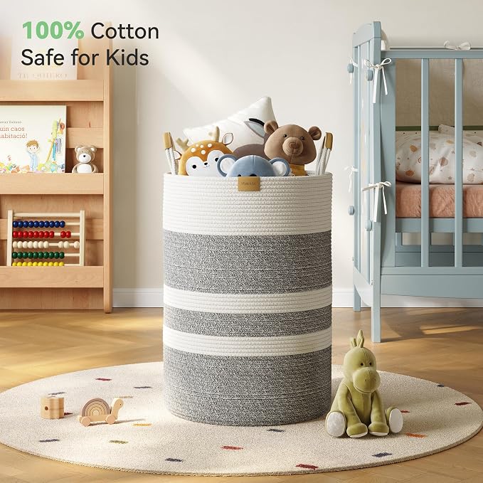 Nunsino 95L Striped Laundry Hamper with Leather Handles,Large Foldable Laundry Basket for Clothes,Cotton Rope Storage Bin for Blankets,Woven Clothes Basket for Bedroom,Gray Stripes - Image 3